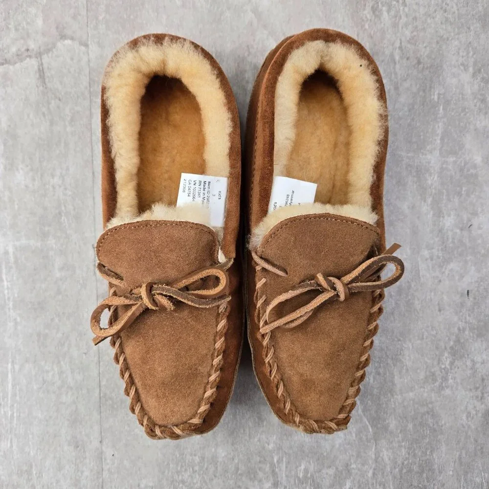 LL Bean Moccasin Loafers Kids 3 Brown Suede Fur Lined Slip On Southwestern  Shoe